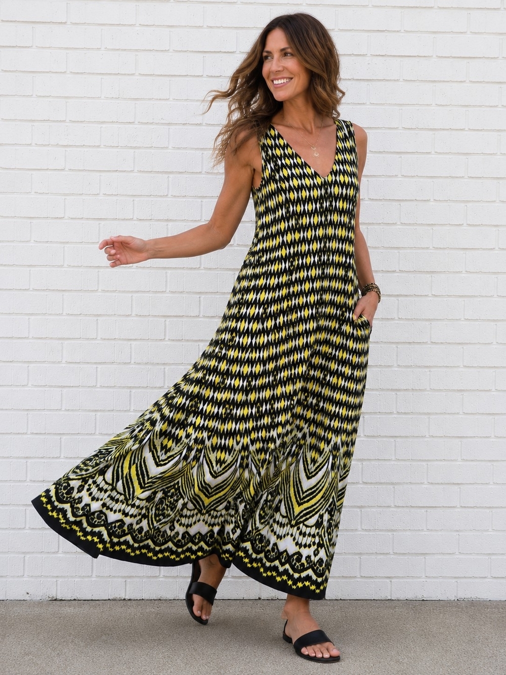 DN Design Sleeveless Geometric Ikat Maxi Dress Stretch V-Neck Size 8